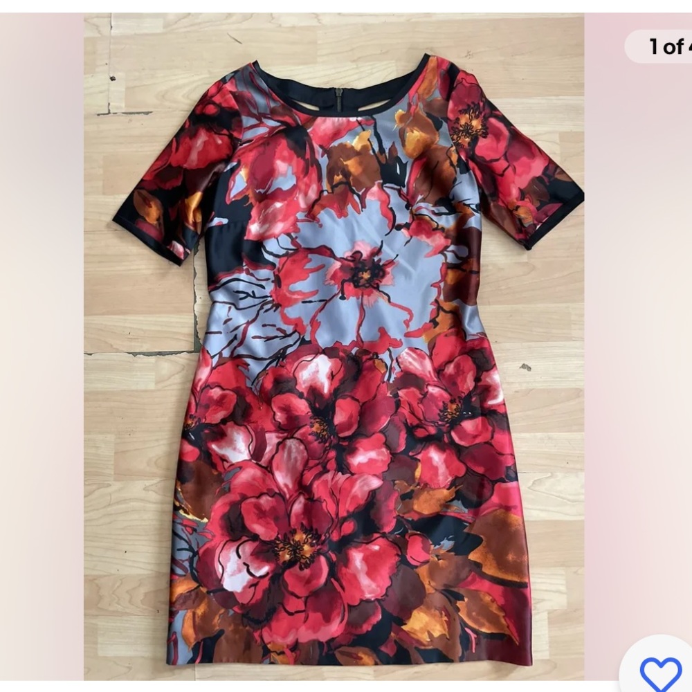 CENIA red Black Floral Silky Dress Size 8 Women Short Sleeve Casual Boxy R15
